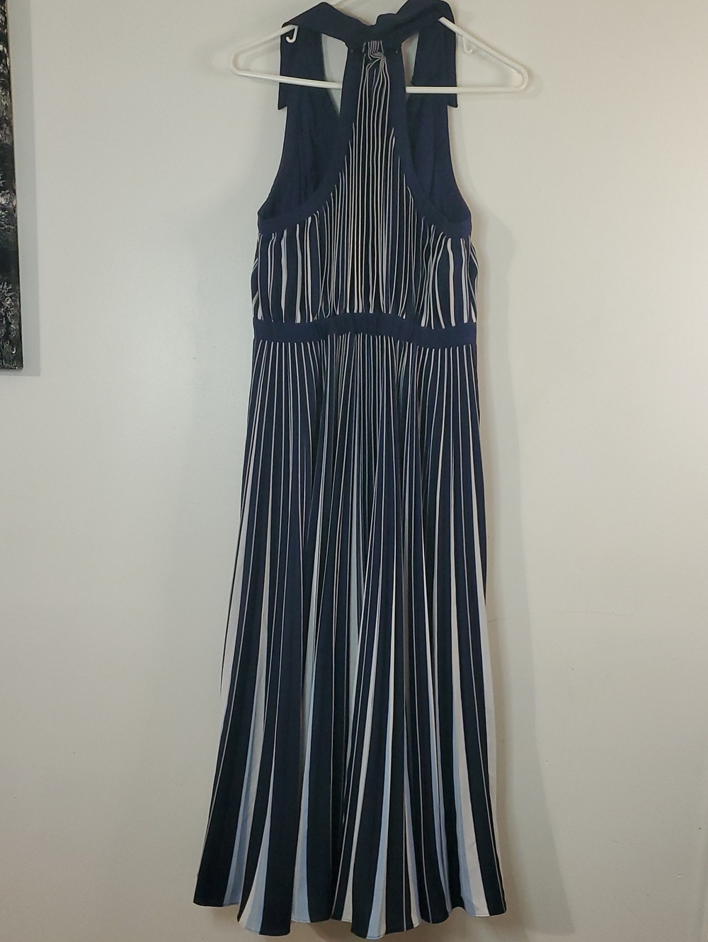 Anthropologie Halter Pleated Navy and White Striped Midi Dress Sailor Nautical - Picture 10 of 16